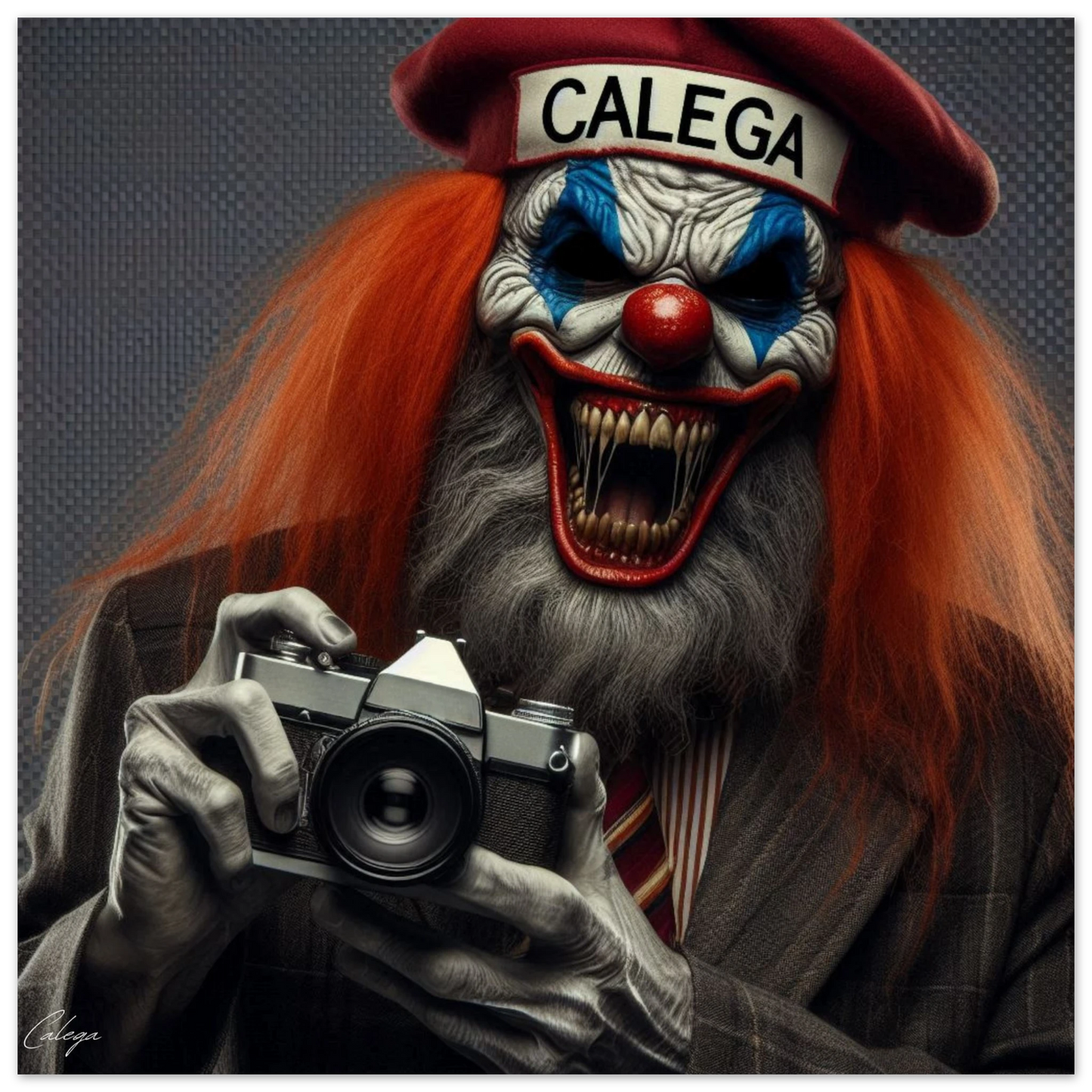 Poster Clown photographe de rue modèle 1 par CALEGA, art macabre et urbain mêlant streetwear et photographie sombre, pour une déco originale et percutante