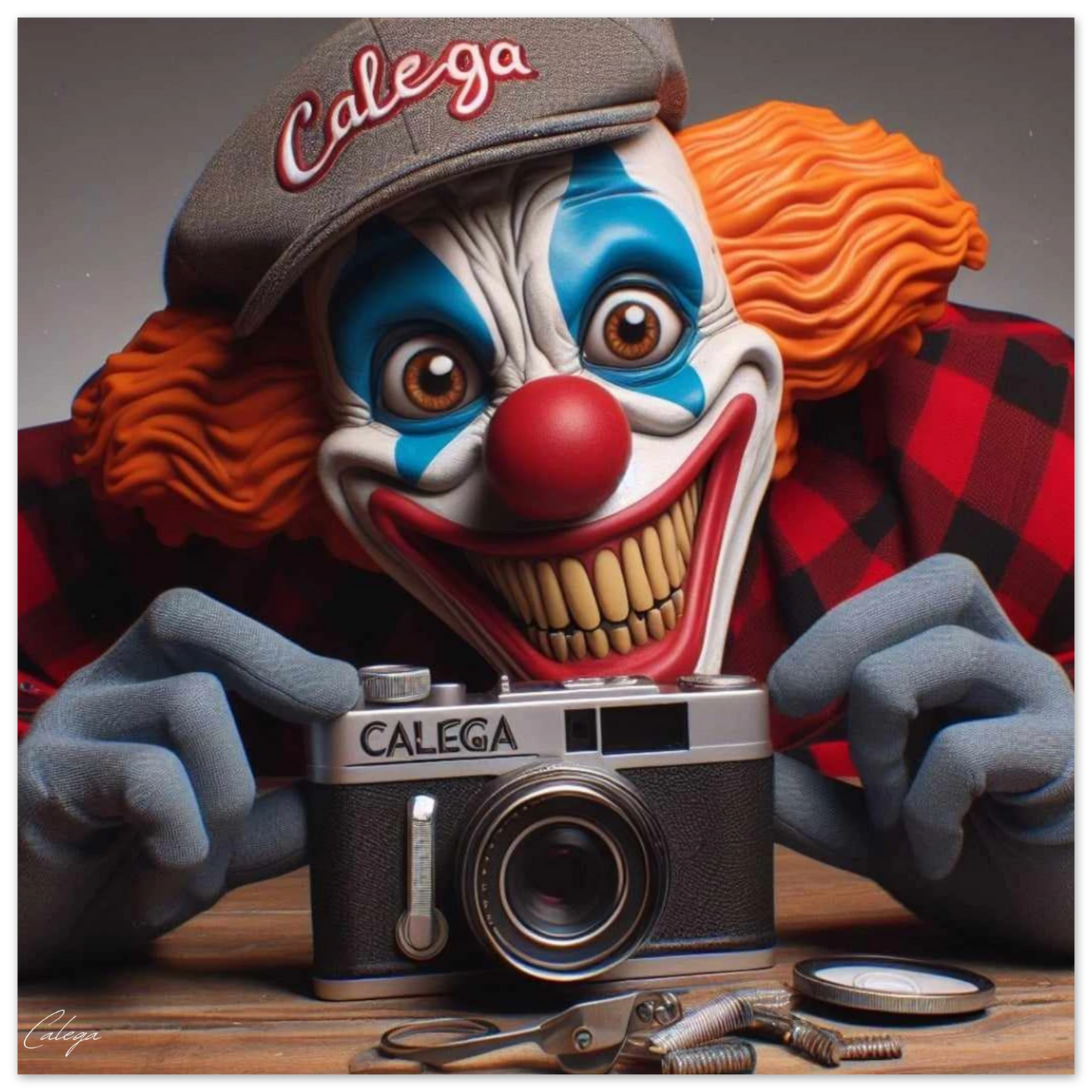Poster Clown photographe de rue modèle 2 par CALEGA, art macabre et urbain mêlant streetwear et photographie sombre, pour une déco originale et percutante