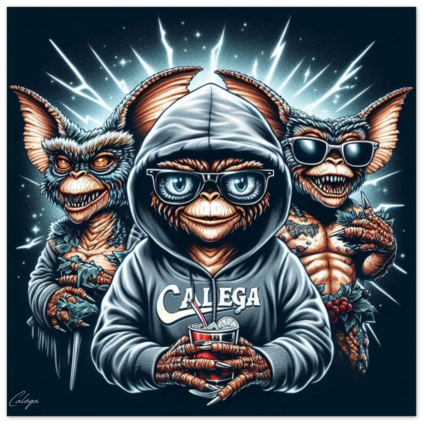 Poster Gremlins Streetwear par CALEGA, illustration pop culture des années 80-90 mêlant streetwear et esprit urbain, déco originale pour fans de rétro et de mode urbaine