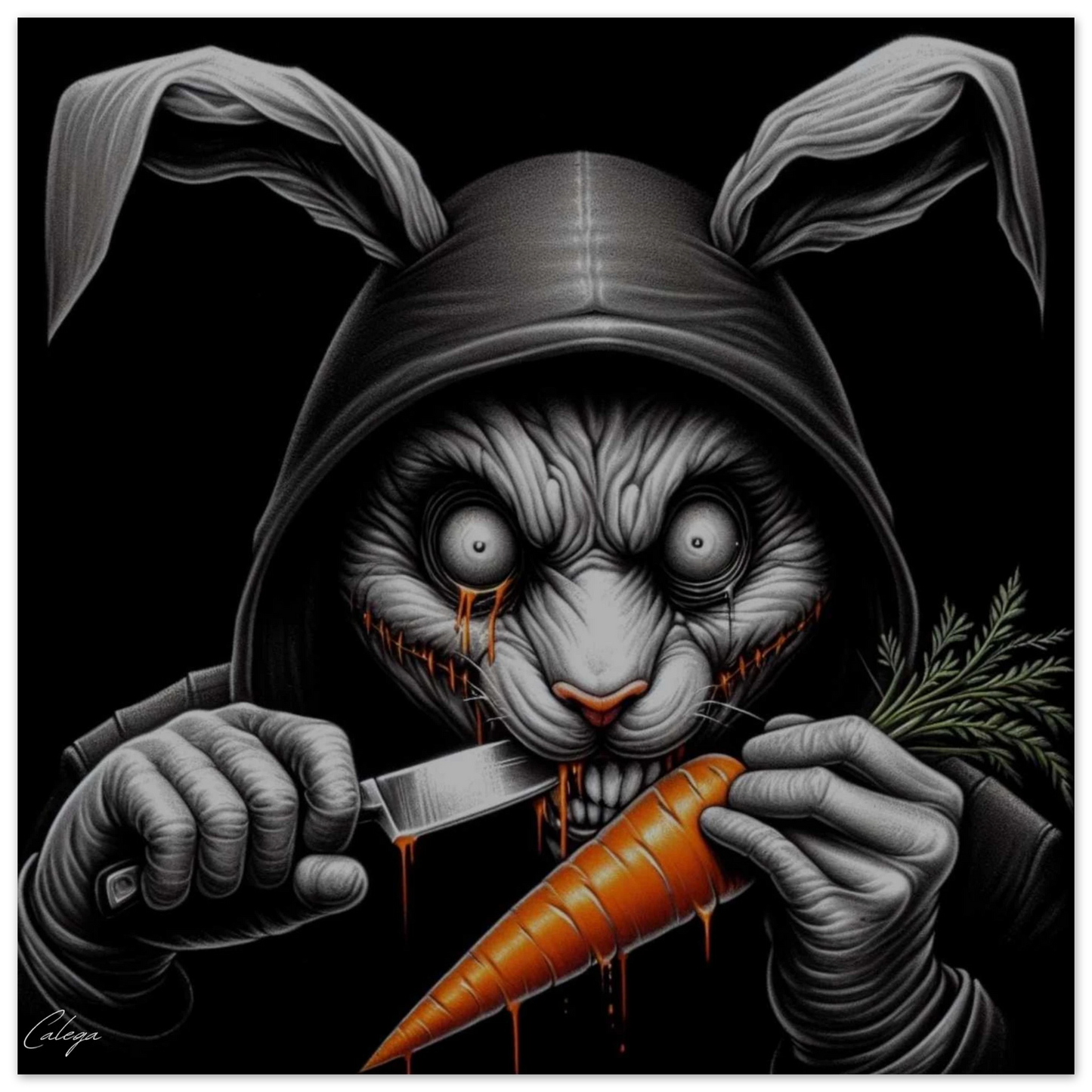 Poster Lapin Psycho par CALEGA, illustration pop et décalée mêlant art food et style urbain, déco originale pour amateurs de street art et culture fun