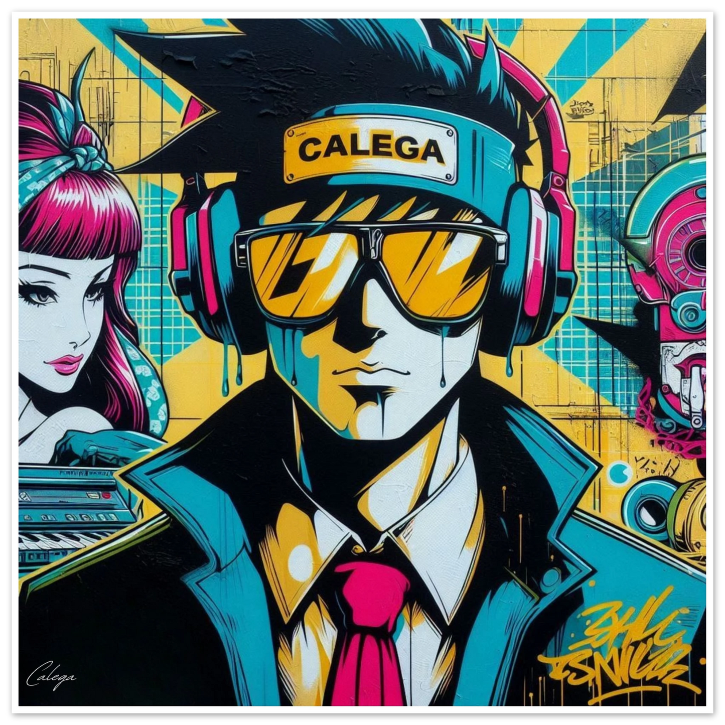 Poster Man Graffiti signé CALEGA, portrait artistique urbain mêlant culture streetwear et graffiti, décoration murale moderne pour amateurs d’art de rue contemporain