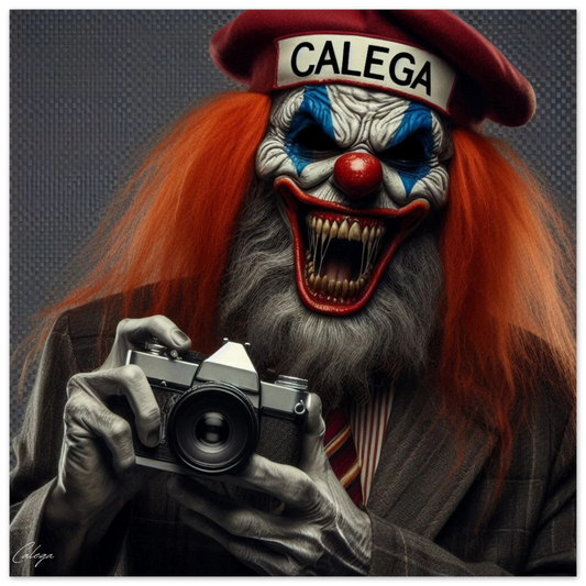 Poster Clown photographe de rue modèle 1 par CALEGA, art macabre et urbain mêlant streetwear et photographie sombre, pour une déco originale et percutante