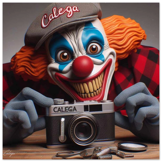 Poster Clown photographe de rue modèle 2 par CALEGA, art macabre et urbain mêlant streetwear et photographie sombre, pour une déco originale et percutante