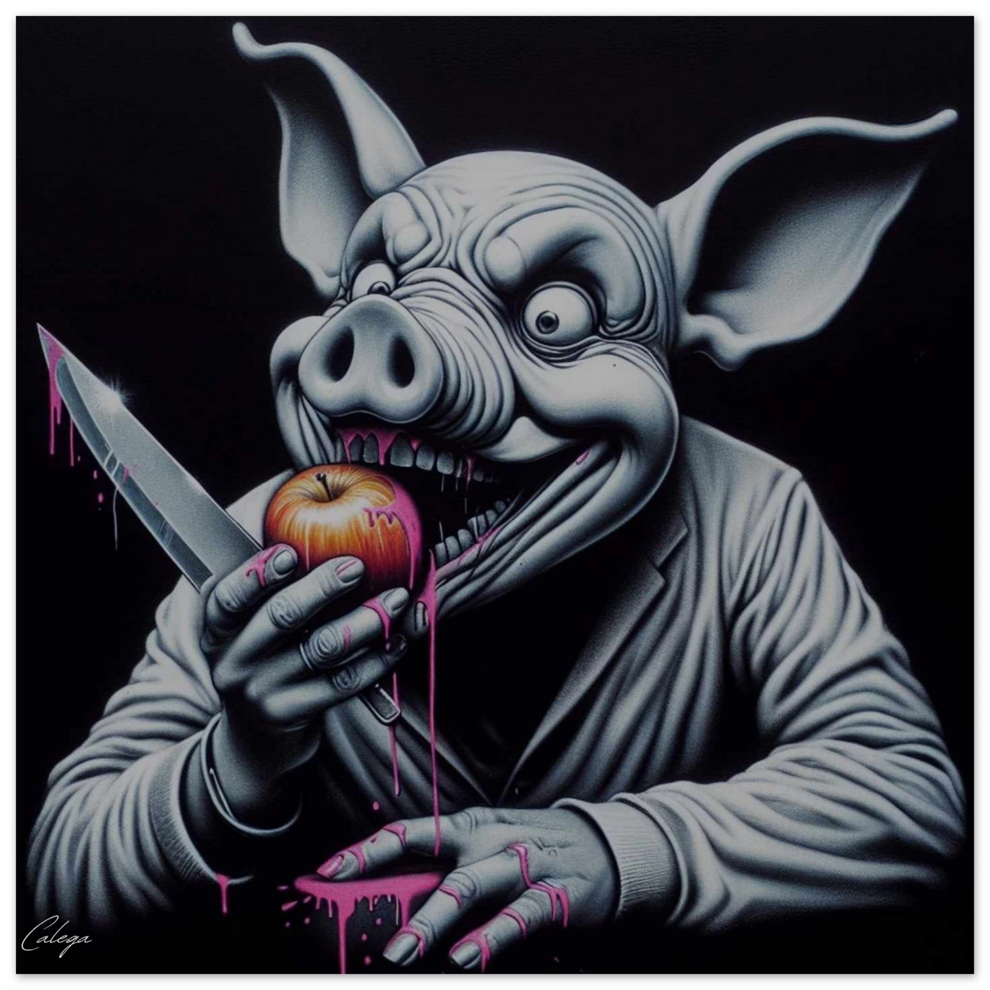 Poster Cochon Psycho modèle 1 par CALEGA, illustration pop et décalée mêlant art food et style urbain, déco originale pour amateurs de street art et culture fun 