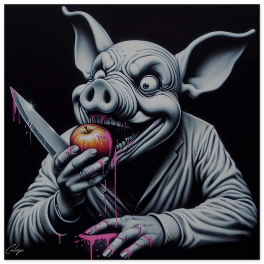 Poster Cochon Psycho modèle 1 par CALEGA, illustration pop et décalée mêlant art food et style urbain, déco originale pour amateurs de street art et culture fun 