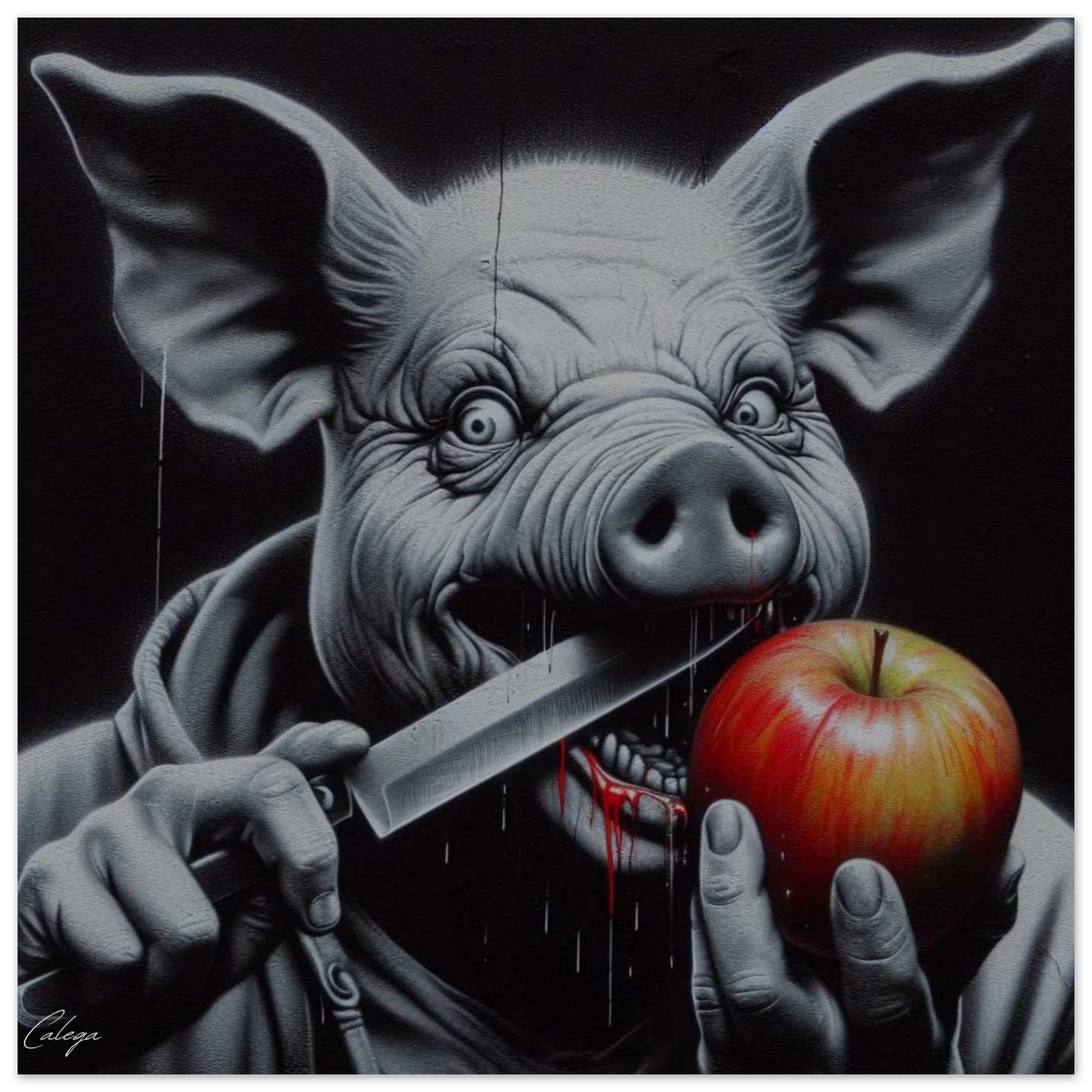 Poster Cochon Psycho modèle 2 par CALEGA, illustration pop et décalée mêlant art food et style urbain, déco originale pour amateurs de street art et culture fun 