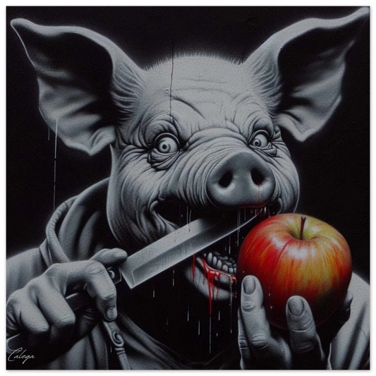 Poster Cochon Psycho modèle 2 par CALEGA, illustration pop et décalée mêlant art food et style urbain, déco originale pour amateurs de street art et culture fun 