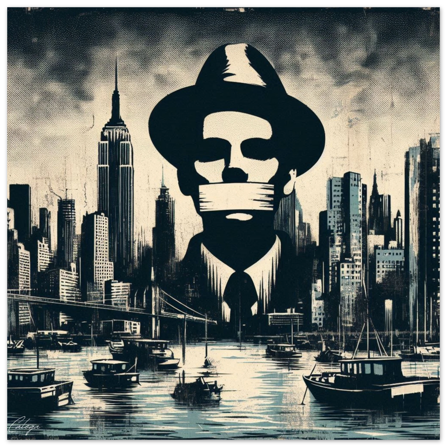 Poster Code du silence par CALEGA, œuvre d’art urbain percutante en noir et blanc, visuel engagé et mystérieux pour déco murale moderne