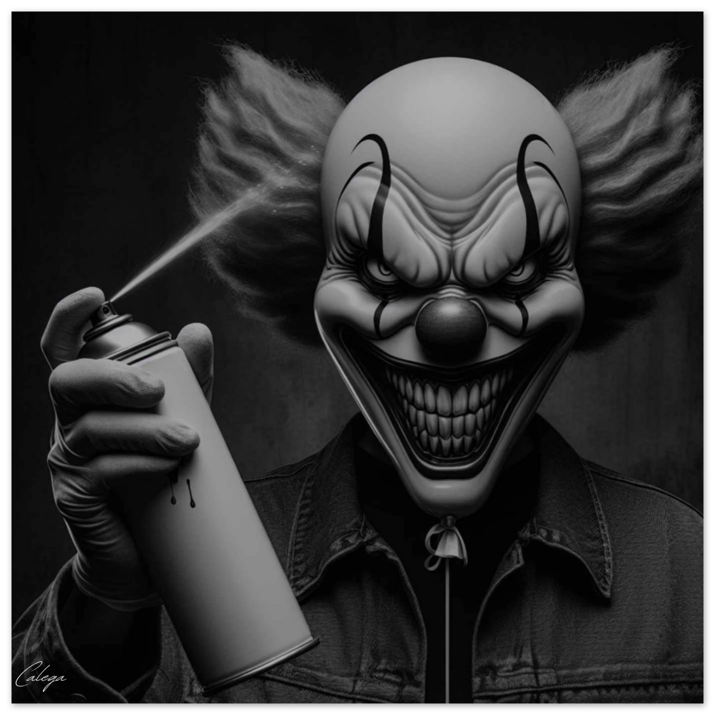 Poster Dark Clown signé CALEGA, art macabre et urbain mêlant clown sinistre et ambiance street, décoration audacieuse pour amateurs de style dark et underground