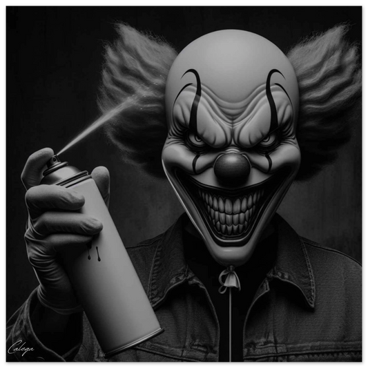 Poster Dark Clown signé CALEGA, art macabre et urbain mêlant clown sinistre et ambiance street, décoration audacieuse pour amateurs de style dark et underground