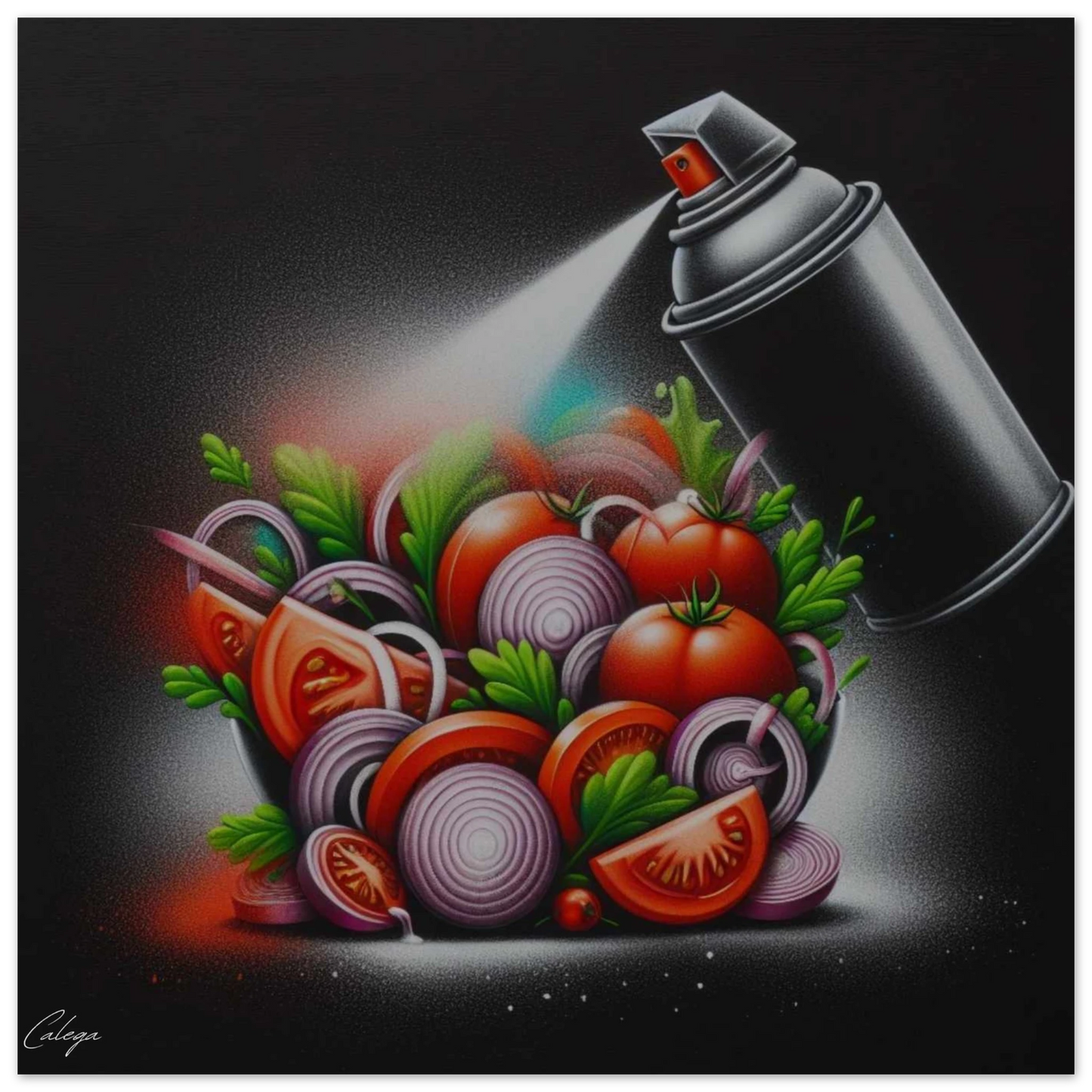Poster Graffiti Food signé CALEGA, œuvre d’art streetwear colorée mêlant graffiti et art culinaire, décoration urbaine originale pour les passionnés de pop culture et design décalé