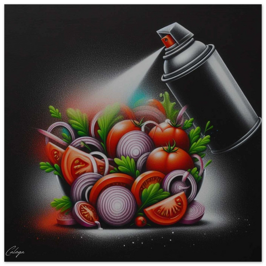 Poster Graffiti Food signé CALEGA, œuvre d’art streetwear colorée mêlant graffiti et art culinaire, décoration urbaine originale pour les passionnés de pop culture et design décalé