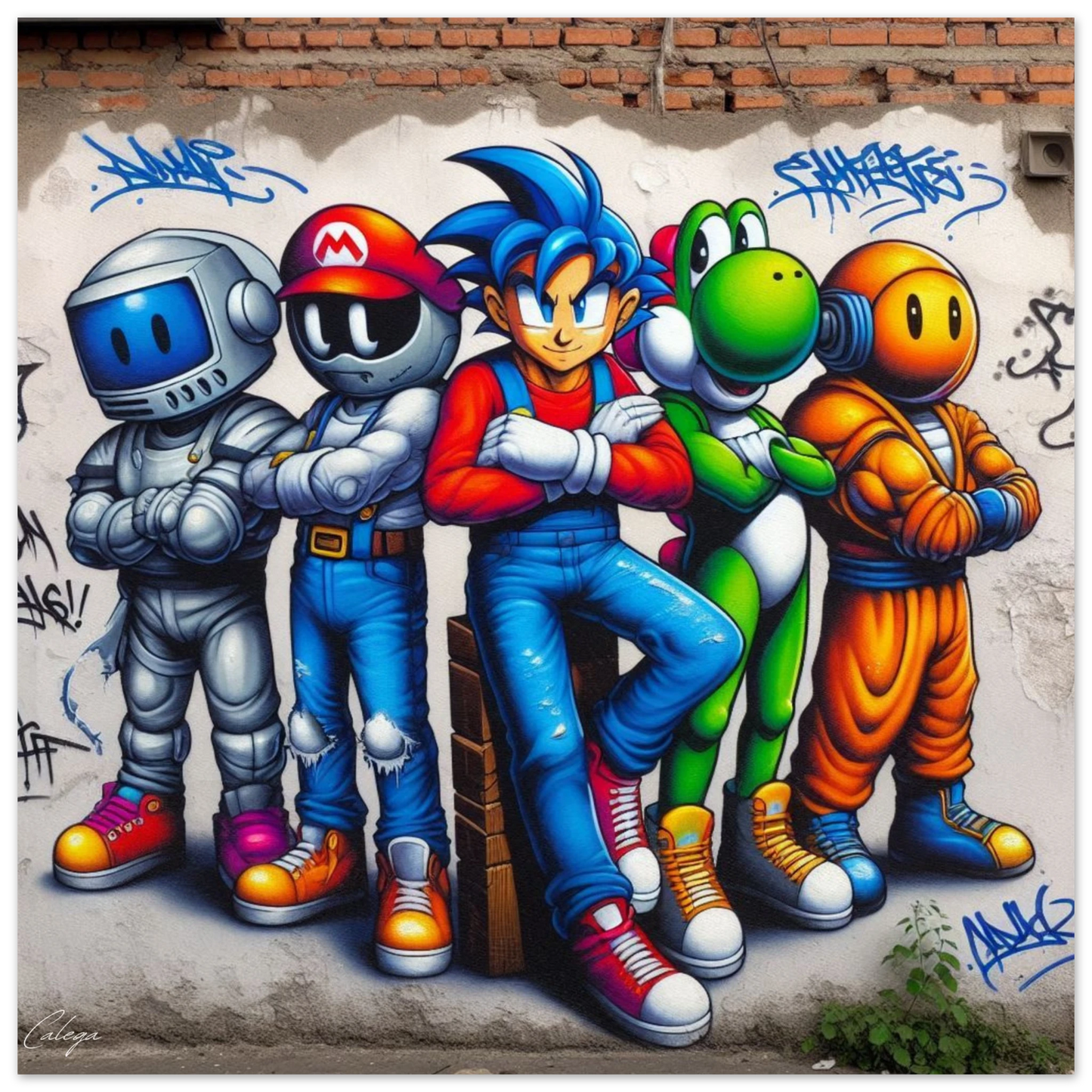 Poster Graffiti animé par CALEGA, design pop culture inspiré des années 80-90 avec couleurs vives et personnages cartoon, style street art rétro pour décoration murale originale
