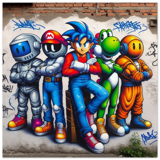 Poster Graffiti animé par CALEGA, design pop culture inspiré des années 80-90 avec couleurs vives et personnages cartoon, style street art rétro pour décoration murale originale