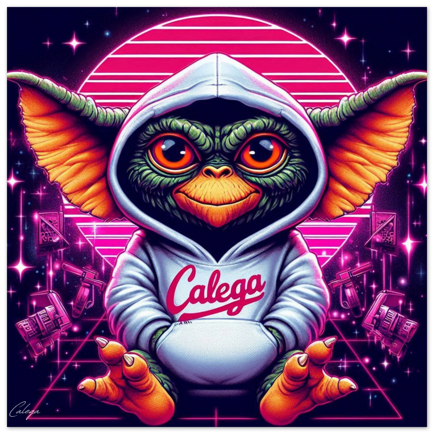 Poster Gremlin Pink par CALEGA, art pop culture inspiré des années 80-90 avec une créature iconique, touche rétro pink et urbaine pour une décoration murale originale