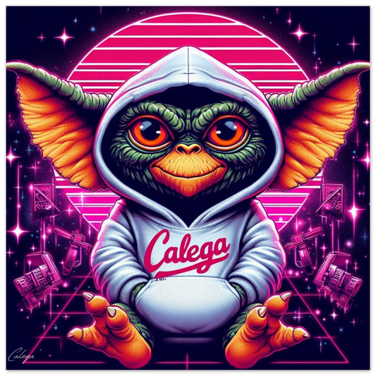 Poster Gremlin Pink par CALEGA, art pop culture inspiré des années 80-90 avec une créature iconique, touche rétro pink et urbaine pour une décoration murale originale