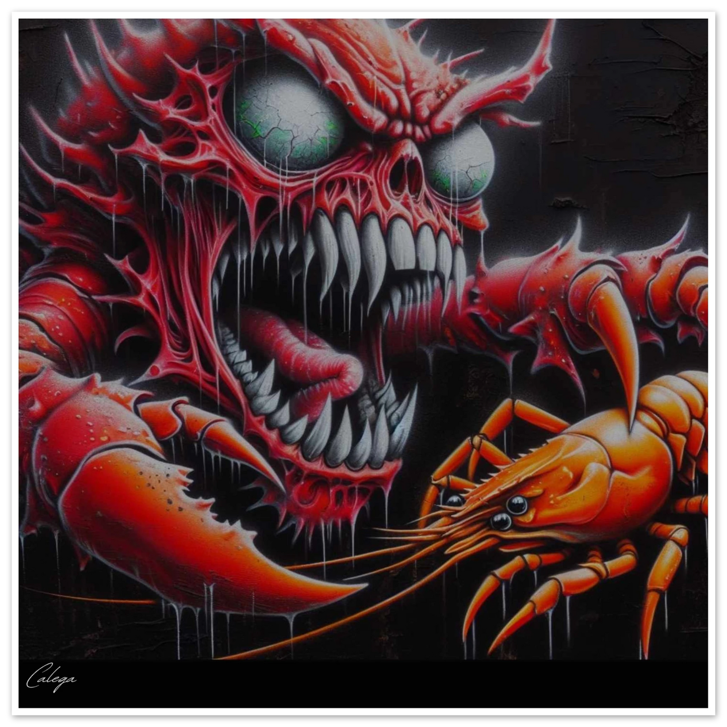 Poster Homard Diabolique par CALEGA, illustration street art unique mêlant art culinaire et univers sombre, décoration murale audacieuse pour amateurs de design urbain et food art
