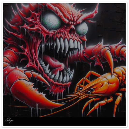 Poster Homard Diabolique par CALEGA, illustration street art unique mêlant art culinaire et univers sombre, décoration murale audacieuse pour amateurs de design urbain et food art
