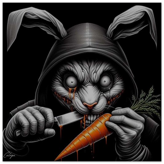 Poster Lapin Psycho par CALEGA, illustration pop et décalée mêlant art food et style urbain, déco originale pour amateurs de street art et culture fun