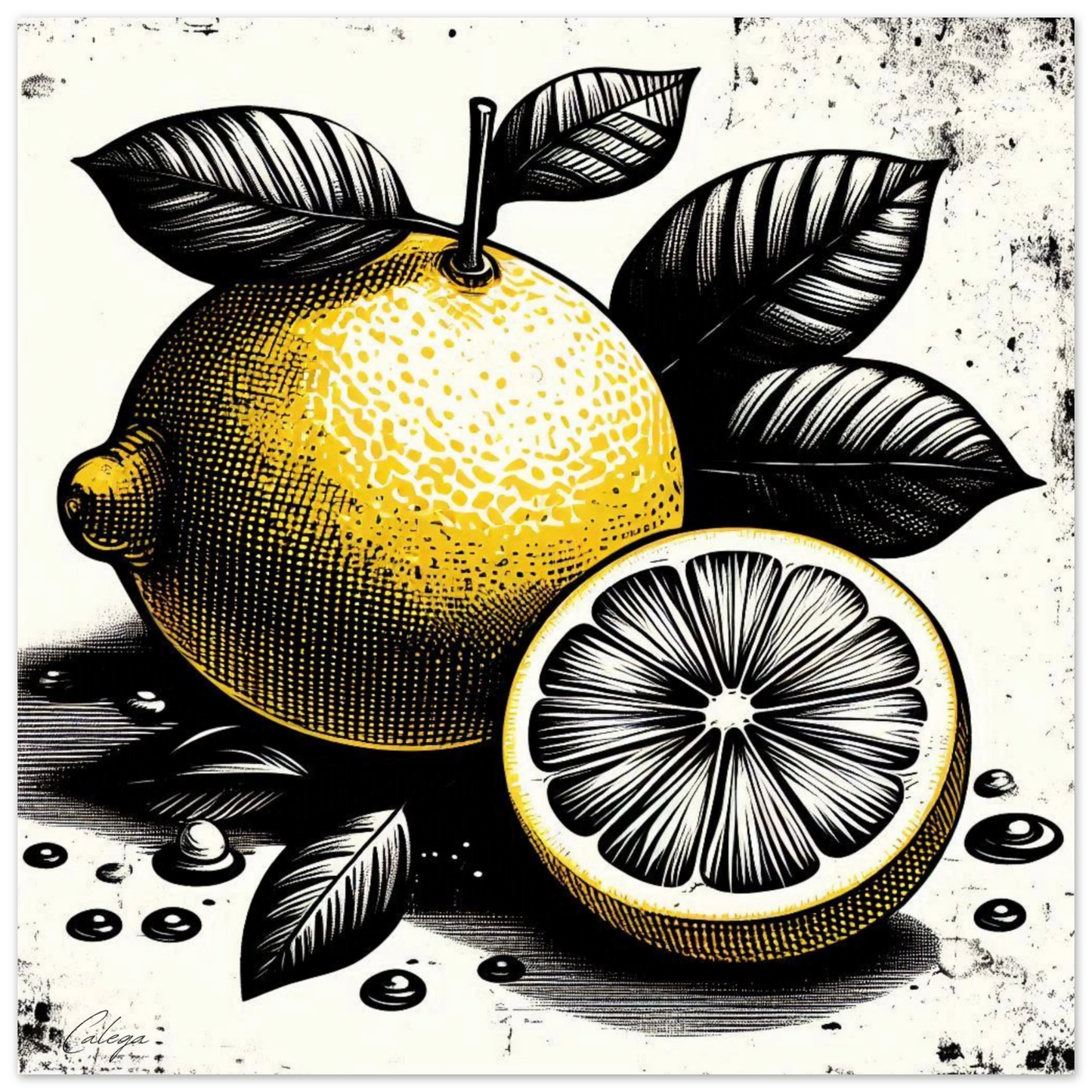 Affiche artistique CALEGA représentant un citron jaune stylisé en gravure, sur fond noir et blanc texturé. Un design audacieux mêlant pop culture et art urbain.