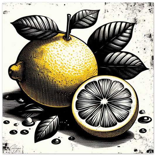 Affiche artistique CALEGA représentant un citron jaune stylisé en gravure, sur fond noir et blanc texturé. Un design audacieux mêlant pop culture et art urbain.