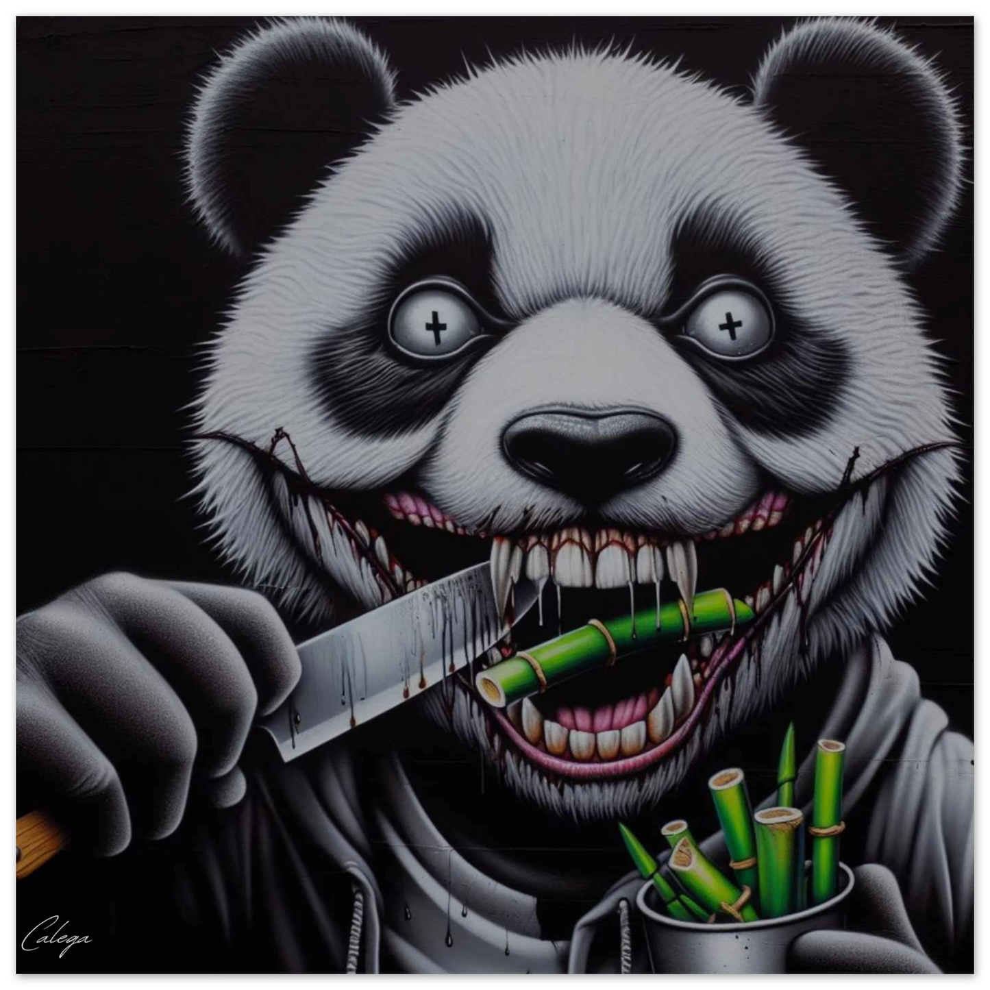 Poster Panda Psycho par CALEGA, illustration pop et décalée mêlant art food et style urbain, déco originale pour amateurs de street art et culture fun