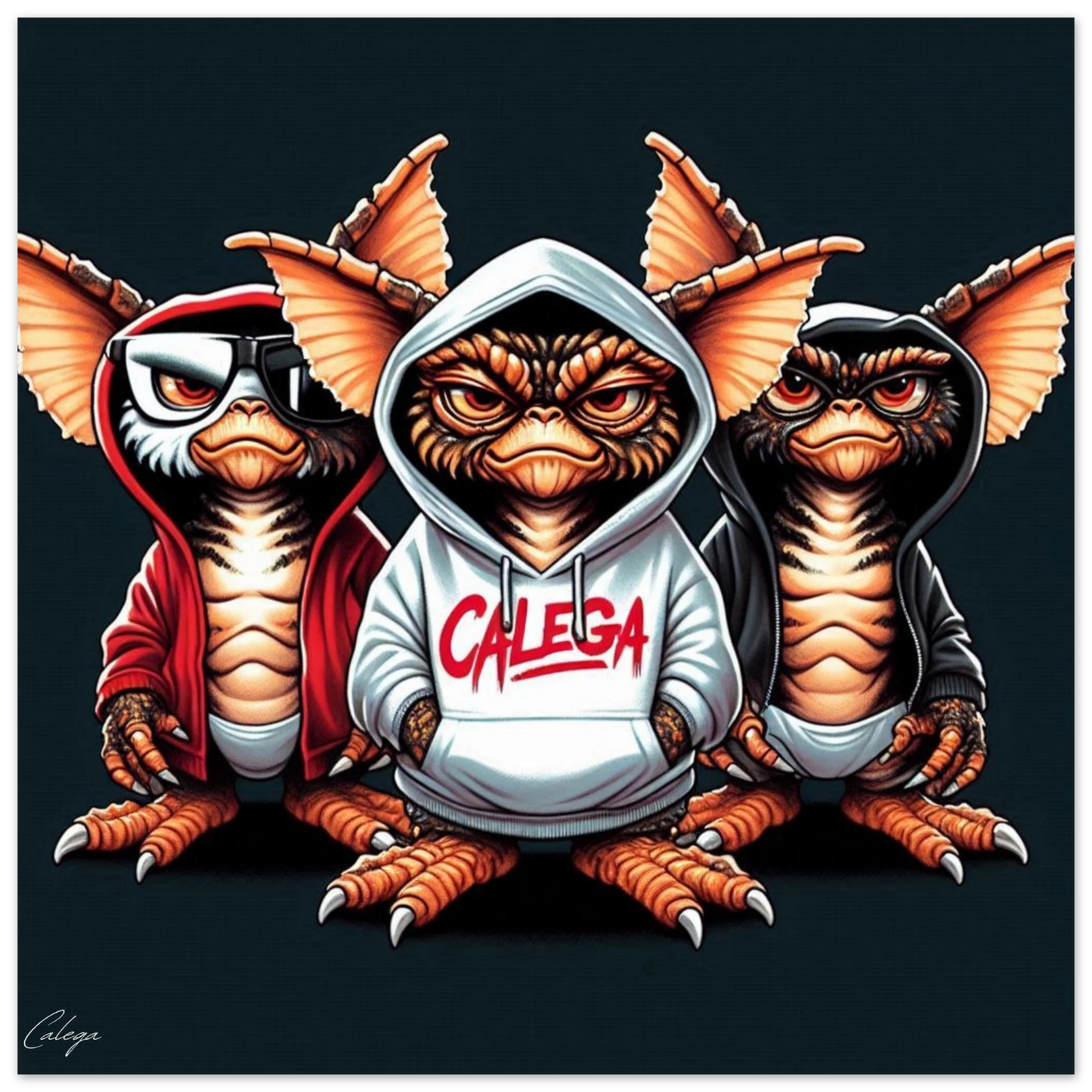 Poster Trio Gremlins par CALEGA, illustration pop culture années 80-90 avec trois créatures emblématiques, style rétro et street art pour une déco murale originale et audacieuse