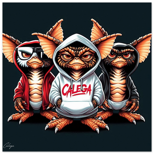 Poster Trio Gremlins par CALEGA, illustration pop culture années 80-90 avec trois créatures emblématiques, style rétro et street art pour une déco murale originale et audacieuse