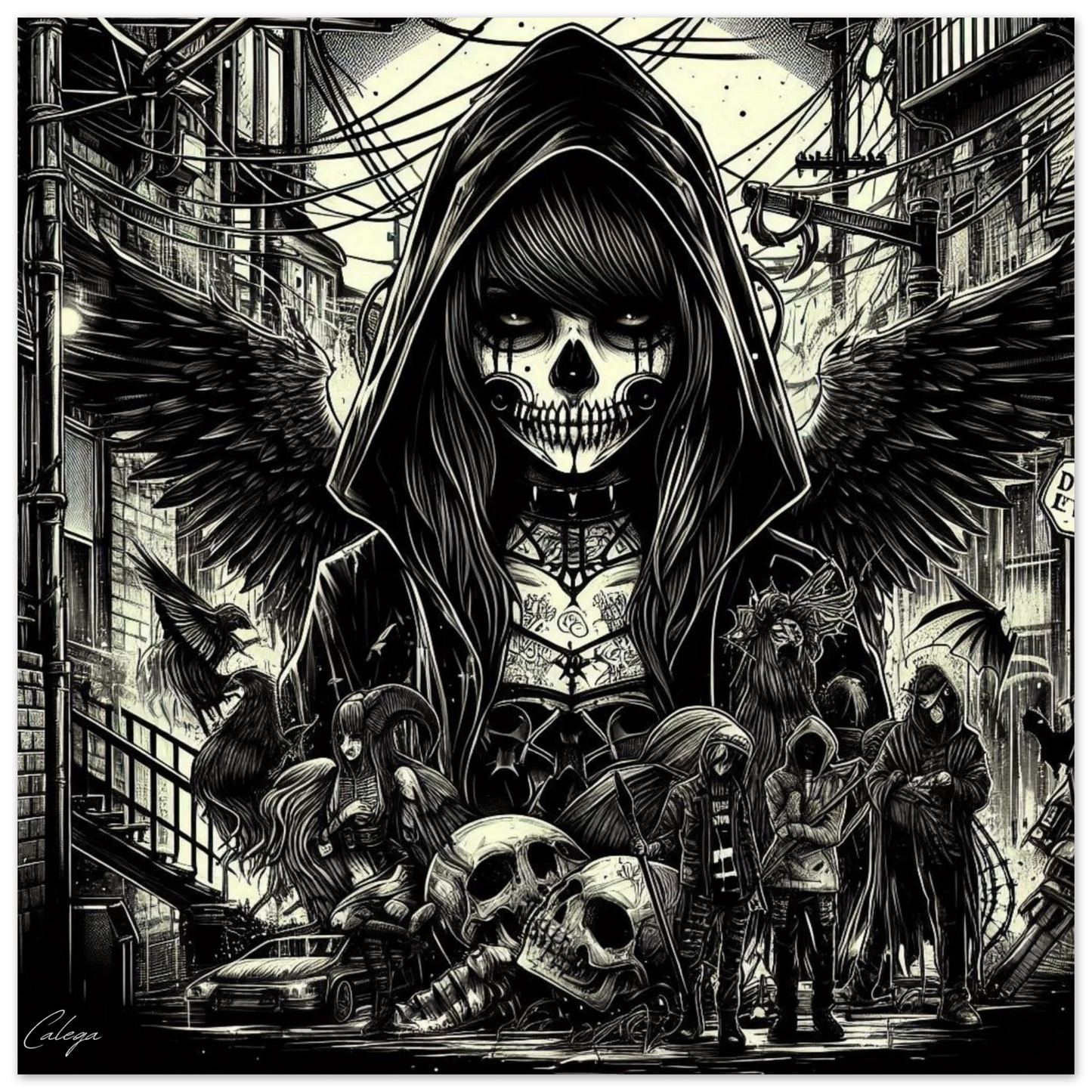 Poster Urban Reaper par CALEGA, œuvre gothique urbaine intense représentant une faucheuse stylisée dans un décor street art sombre, idéal pour une déco murale percutante
