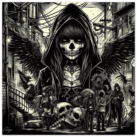 Poster Urban Reaper par CALEGA, œuvre gothique urbaine intense représentant une faucheuse stylisée dans un décor street art sombre, idéal pour une déco murale percutante
