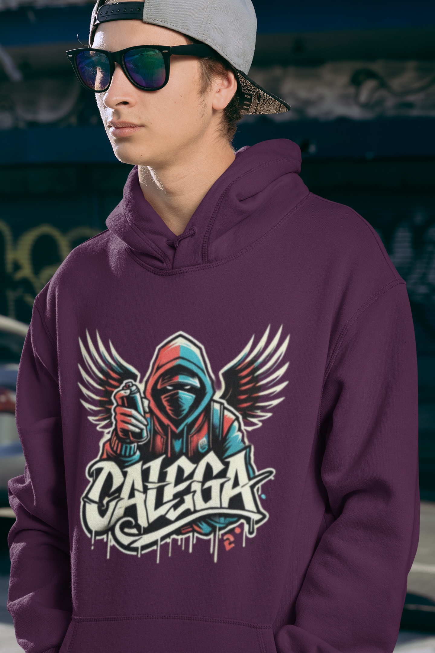 Sweat à capuche streetwear homme avec design graffiti coloré, style urbain et artistique signé CALEGA