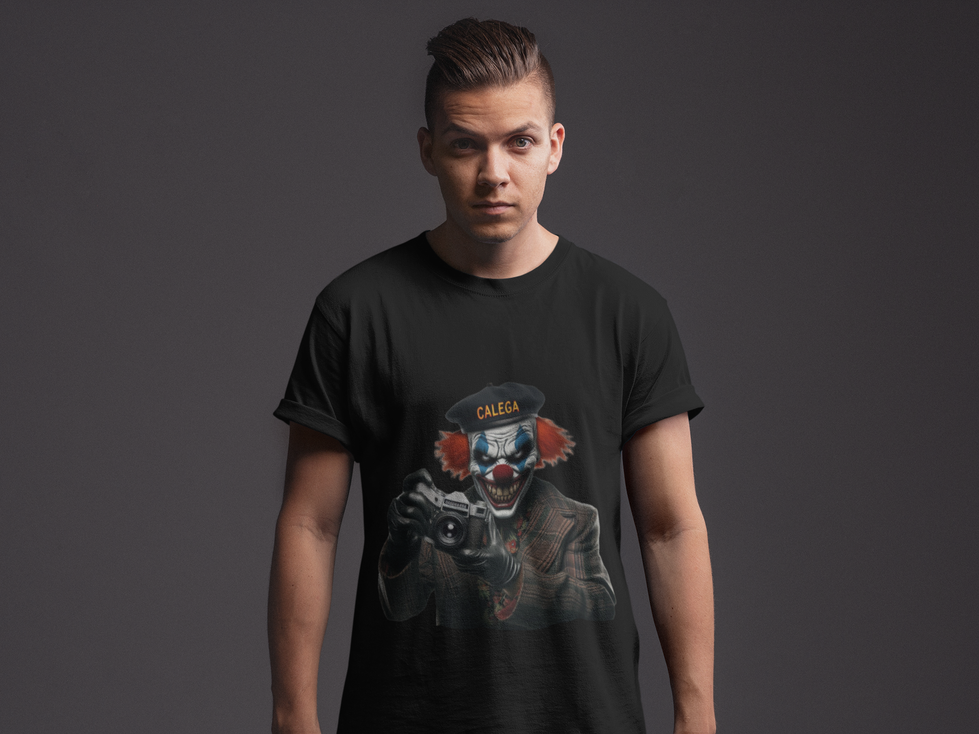 T-shirt homme classique motif clown design graphique audacieux streetwear, mode urbaine originale, art macabre et urbain, CALEGA Men