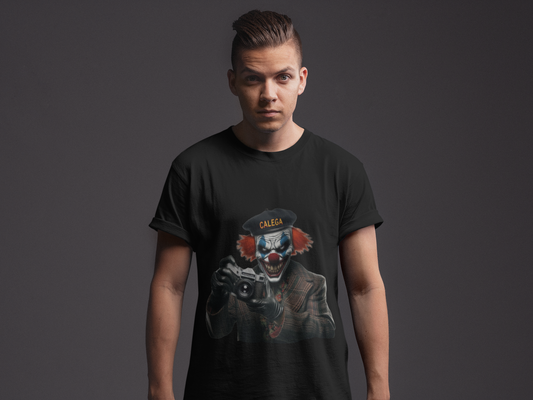 T-shirt homme classique motif clown design graphique audacieux streetwear, mode urbaine originale, art macabre et urbain, CALEGA Men